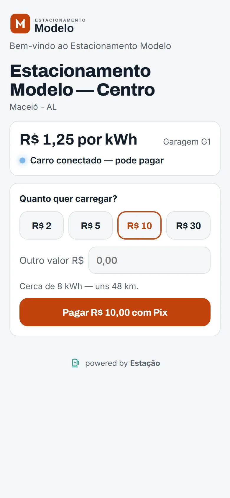 Página de pagamento: preço por kWh, carro conectado, escolha do valor e botão para pagar com Pix.